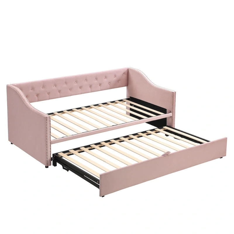 Lit de repos capitonné pour lit jumeau avec lit gigogne escamotable, gris