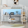 Lit mezzanine pleine grandeur avec bureau, escalier de rangement, petite armoire, lumière LED
