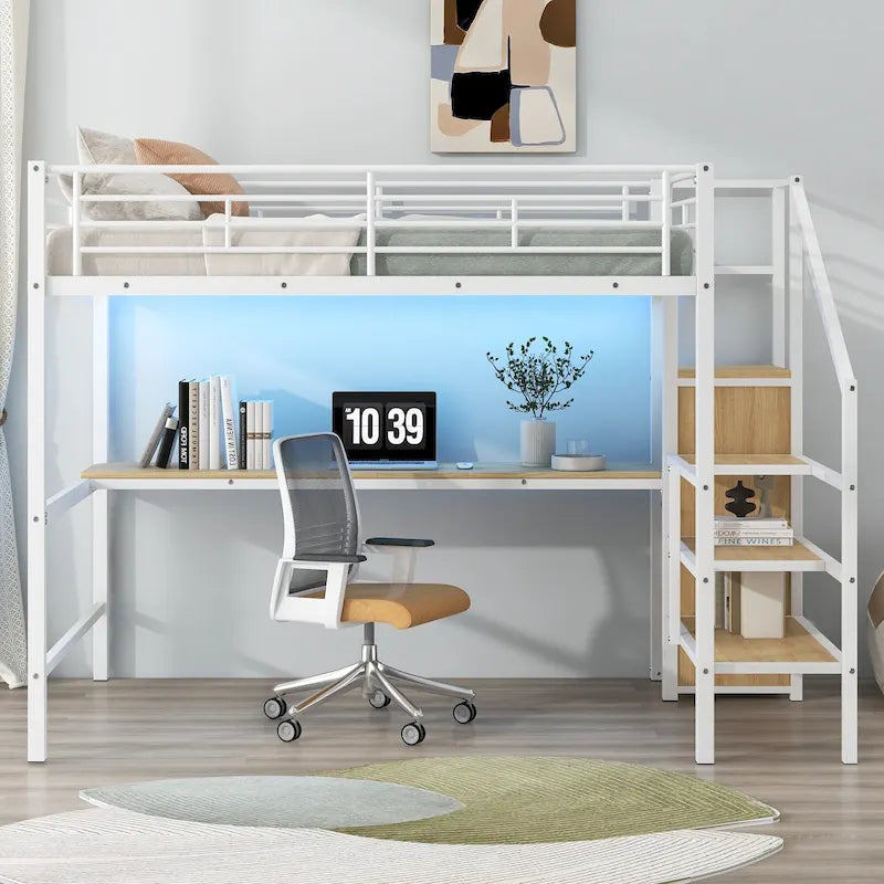 Lit mezzanine pleine grandeur avec bureau, escalier de rangement, petite armoire, lumière LED