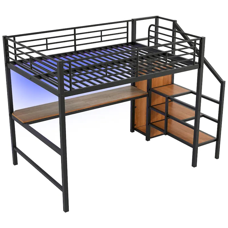 Lit mezzanine pleine grandeur avec bureau, escalier de rangement, petite armoire, lumière LED
