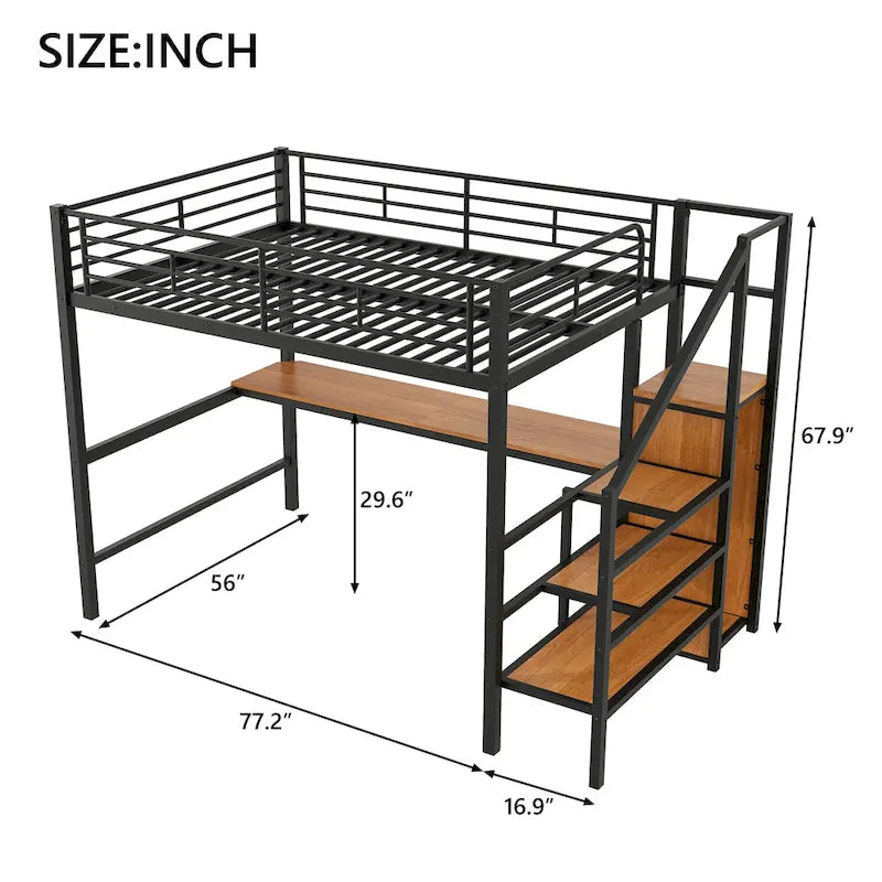 Lit mezzanine pleine grandeur avec bureau, escalier de rangement, petite armoire, lumière LED