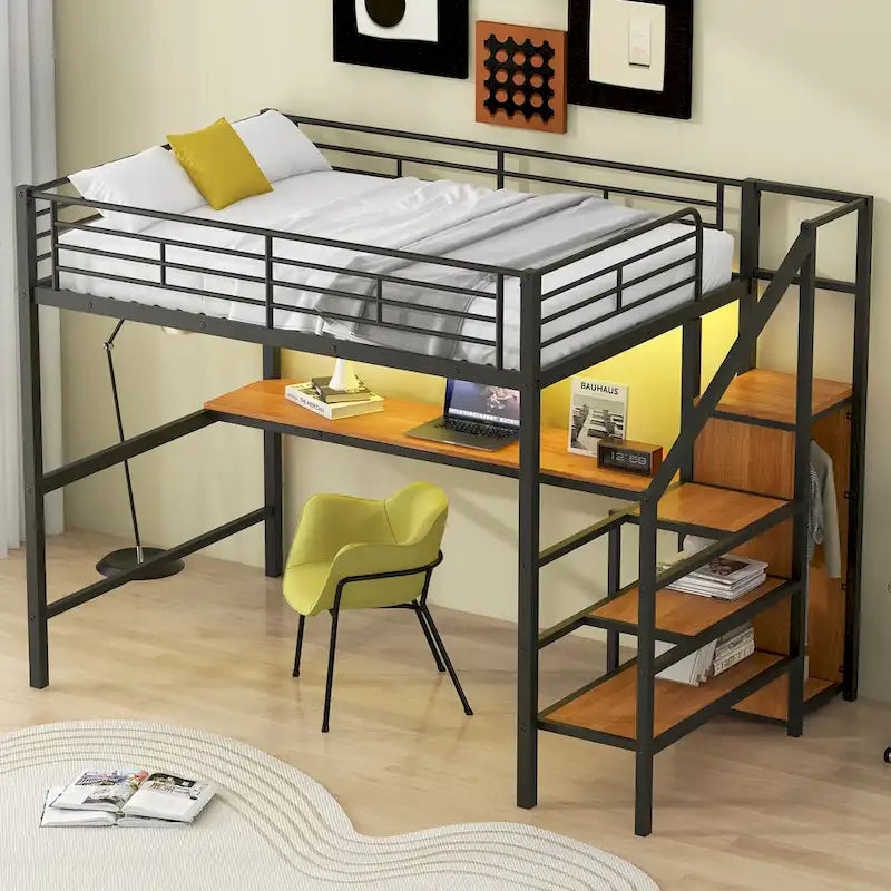 Lit mezzanine pleine grandeur avec bureau, escalier de rangement, petite armoire, lumière LED