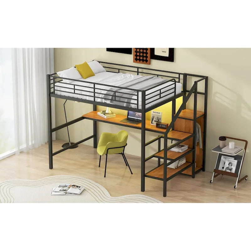 Lit mezzanine pleine grandeur avec bureau, escalier de rangement, petite armoire, lumière LED