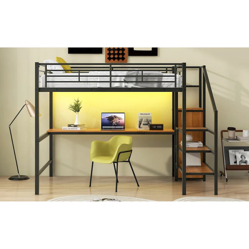 Lit mezzanine pleine grandeur avec bureau, escalier de rangement, petite armoire, lumière LED