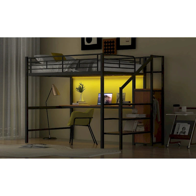 Lit mezzanine pleine grandeur avec bureau, escalier de rangement, petite armoire, lumière LED