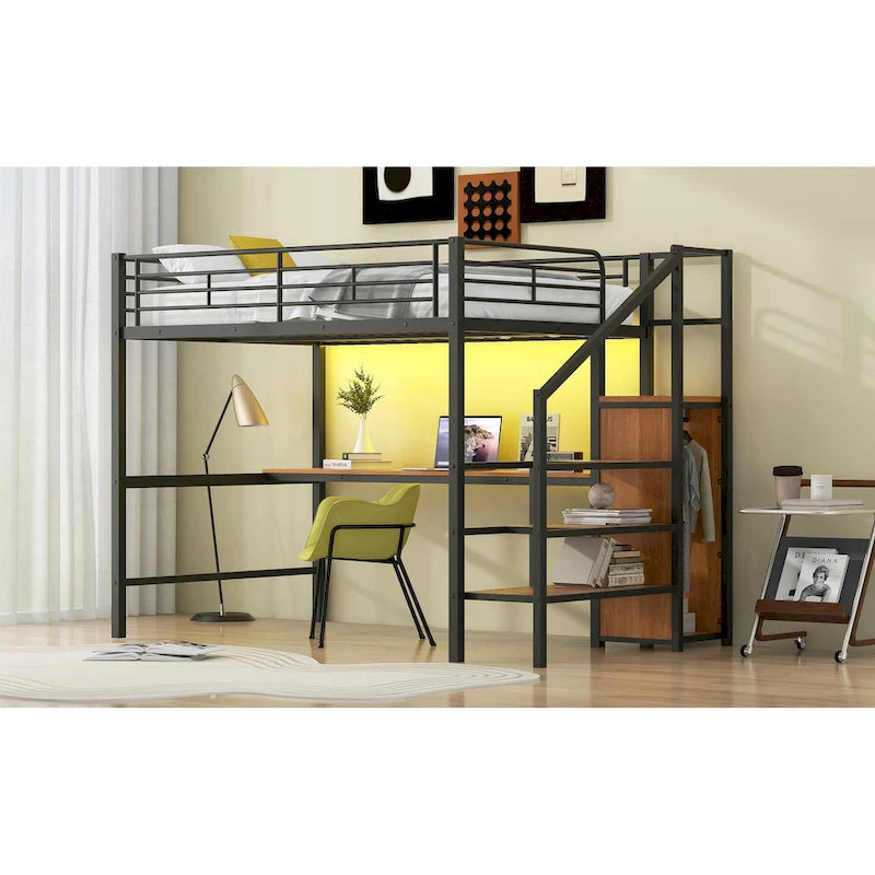 Lit mezzanine pleine grandeur avec bureau, escalier de rangement, petite armoire, lumière LED