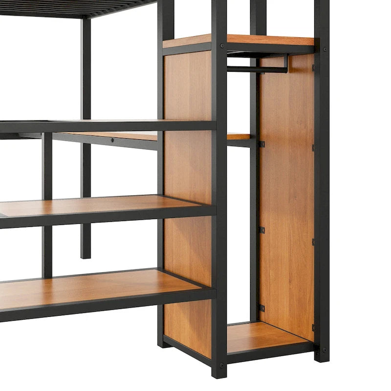 Lit mezzanine pleine grandeur avec bureau, escalier de rangement, petite armoire, lumière LED