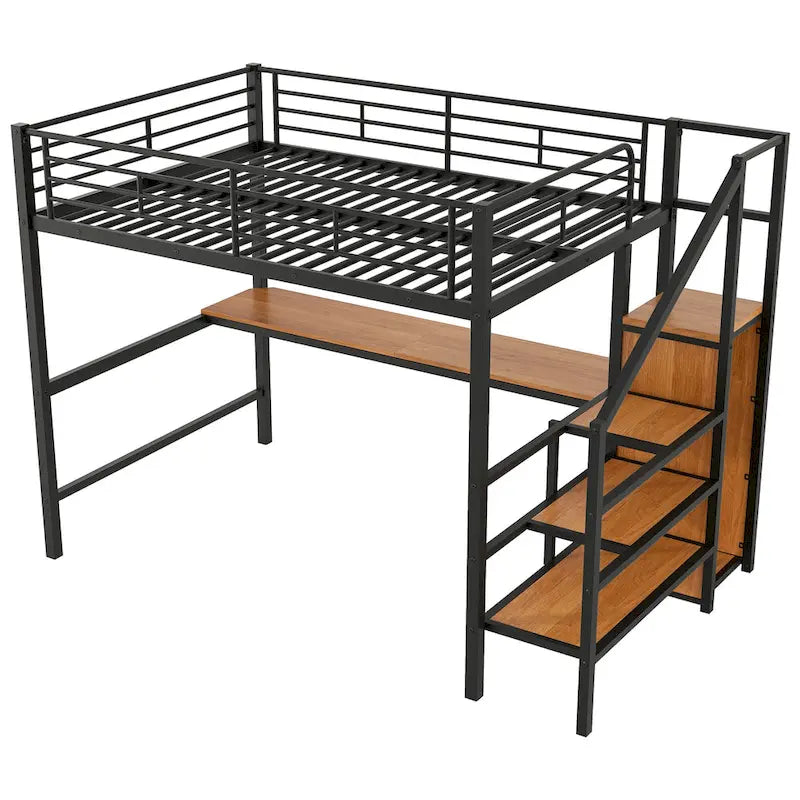 Lit mezzanine pleine grandeur avec bureau, escalier de rangement, petite armoire, lumière LED
