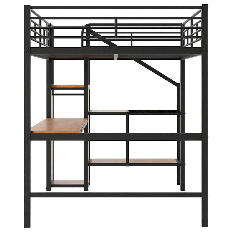 Lit mezzanine pleine grandeur avec bureau, escalier de rangement, petite armoire, lumière LED