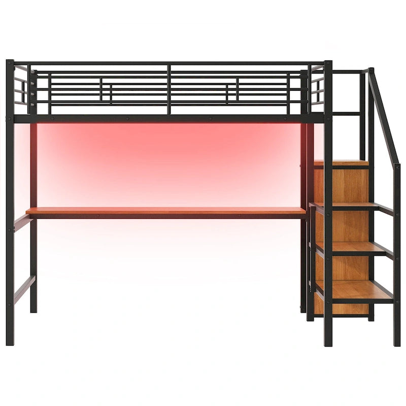 Lit mezzanine pleine grandeur avec bureau, escalier de rangement, petite armoire, lumière LED