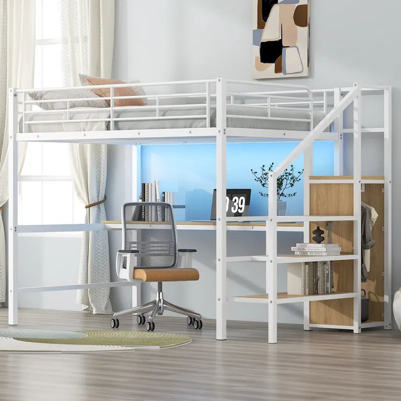 Lit mezzanine pleine grandeur avec bureau, escalier de rangement, petite armoire, lumière LED