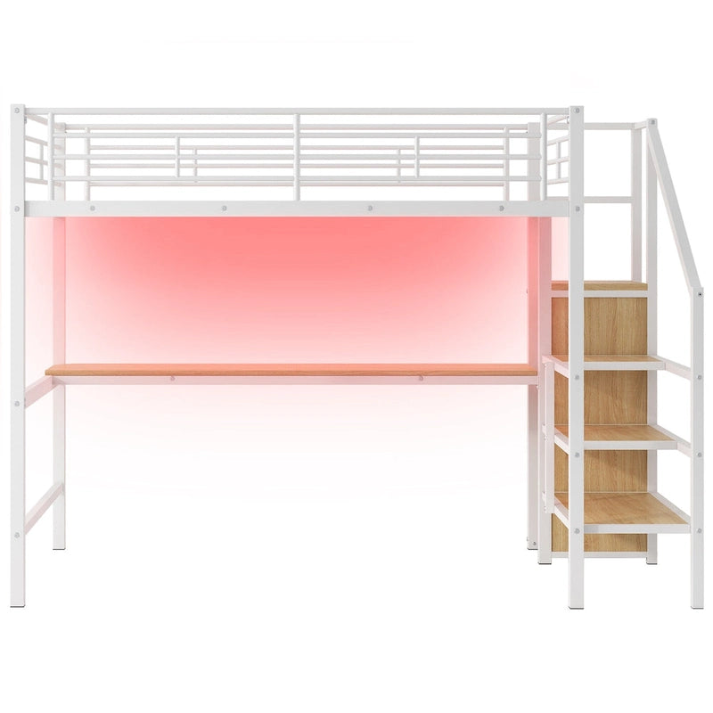 Lit mezzanine pleine grandeur avec bureau, escalier de rangement, petite armoire, lumière LED