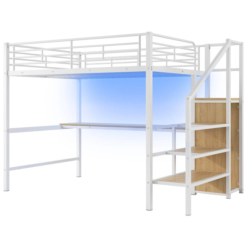 Lit mezzanine pleine grandeur avec bureau, escalier de rangement, petite armoire, lumière LED
