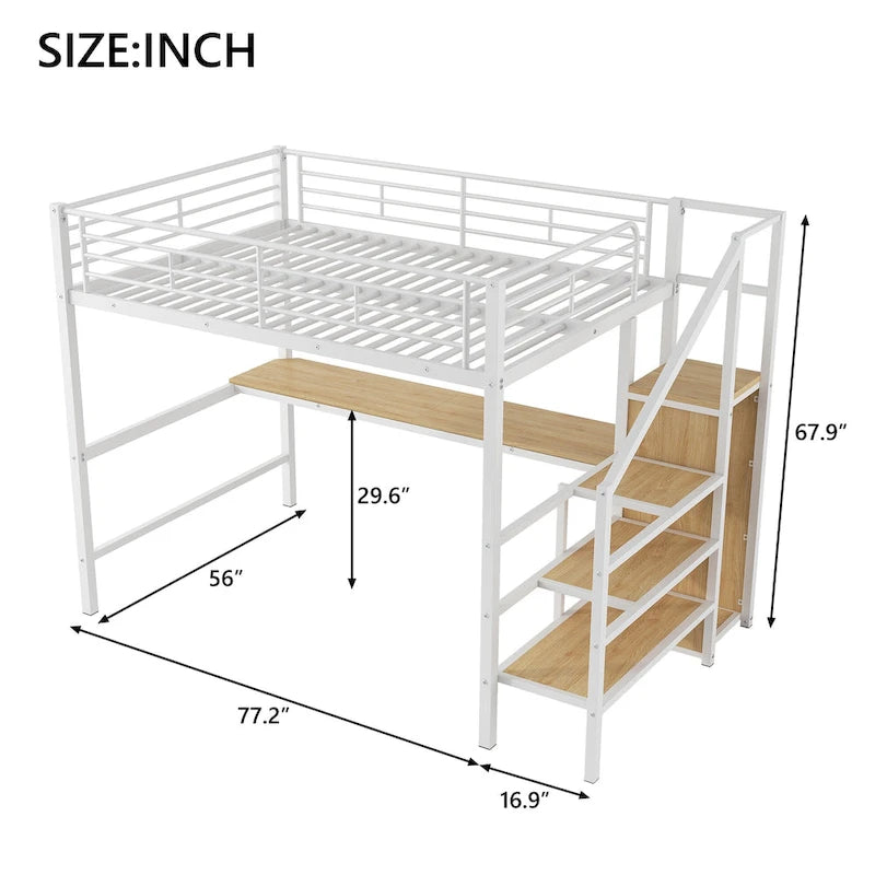 Lit mezzanine pleine grandeur avec bureau, escalier de rangement, petite armoire, lumière LED