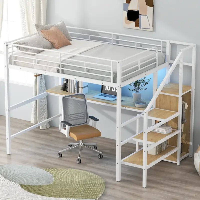 Lit mezzanine pleine grandeur avec bureau, escalier de rangement, petite armoire, lumière LED