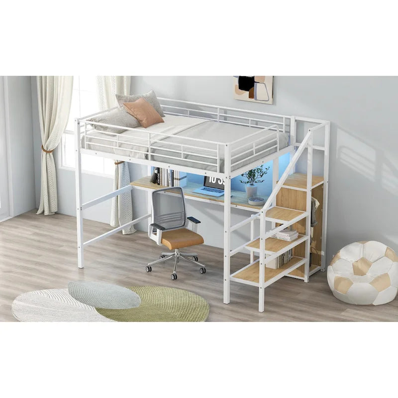 Lit mezzanine pleine grandeur avec bureau, escalier de rangement, petite armoire, lumière LED