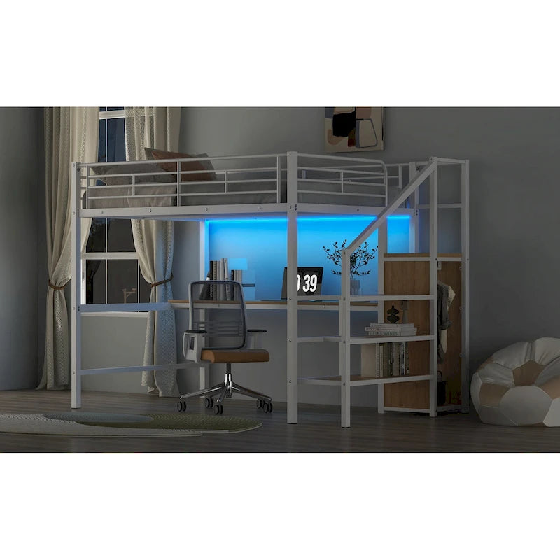 Lit mezzanine pleine grandeur avec bureau, escalier de rangement, petite armoire, lumière LED