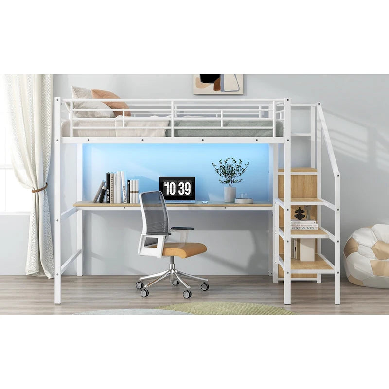 Lit mezzanine pleine grandeur avec bureau, escalier de rangement, petite armoire, lumière LED