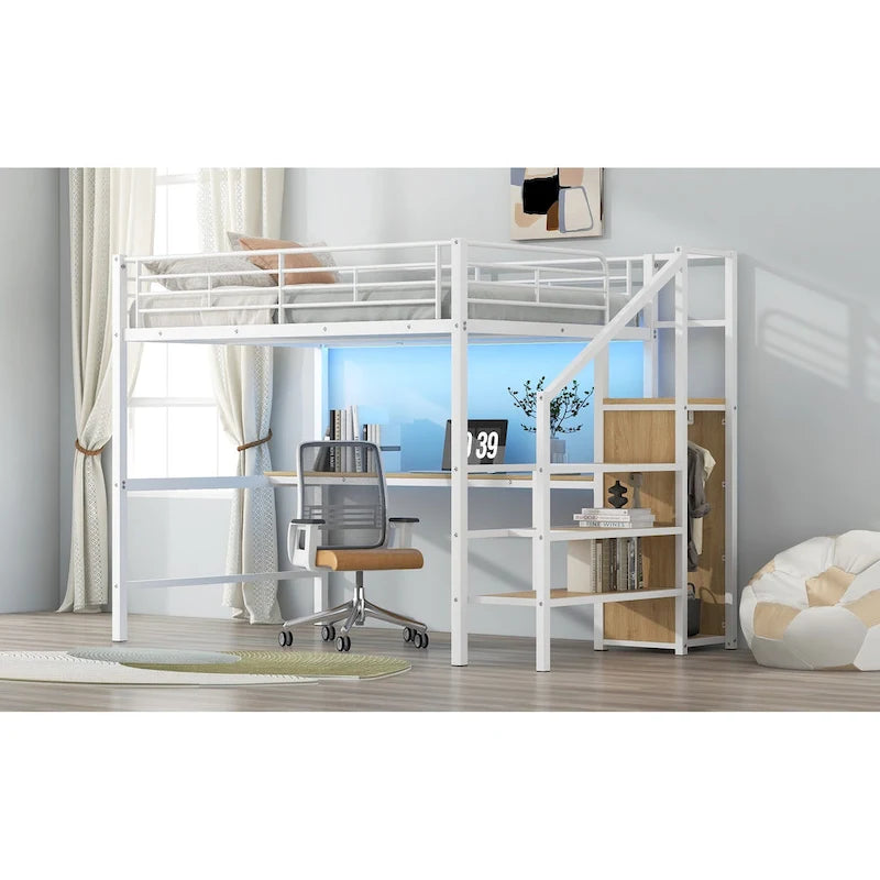 Lit mezzanine pleine grandeur avec bureau, escalier de rangement, petite armoire, lumière LED