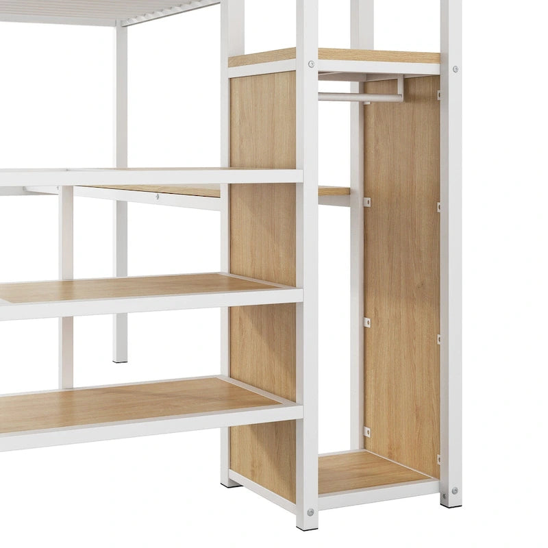 Lit mezzanine pleine grandeur avec bureau, escalier de rangement, petite armoire, lumière LED