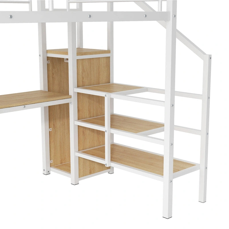 Lit mezzanine pleine grandeur avec bureau, escalier de rangement, petite armoire, lumière LED