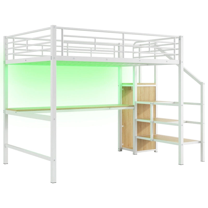 Lit mezzanine pleine grandeur avec bureau, escalier de rangement, petite armoire, lumière LED