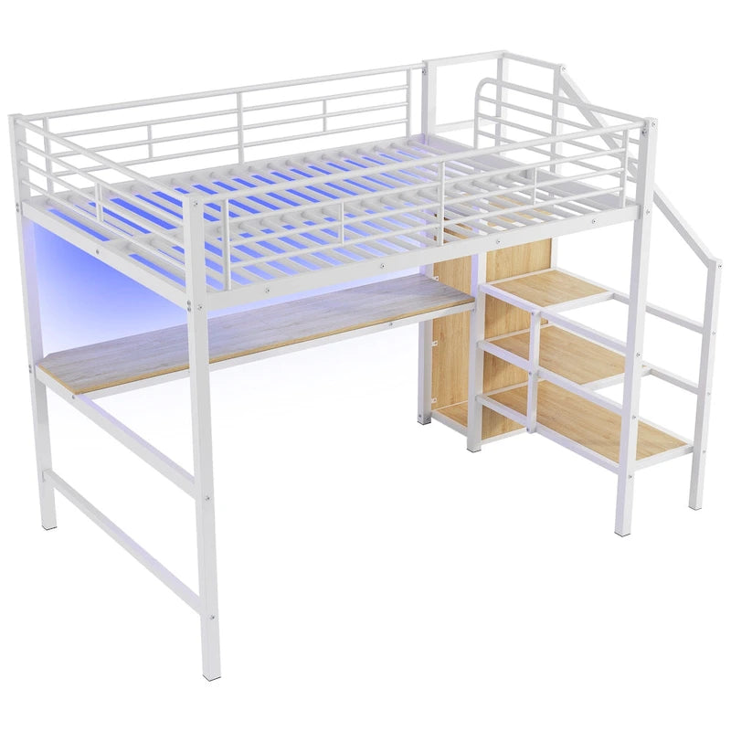 Lit mezzanine pleine grandeur avec bureau, escalier de rangement, petite armoire, lumière LED