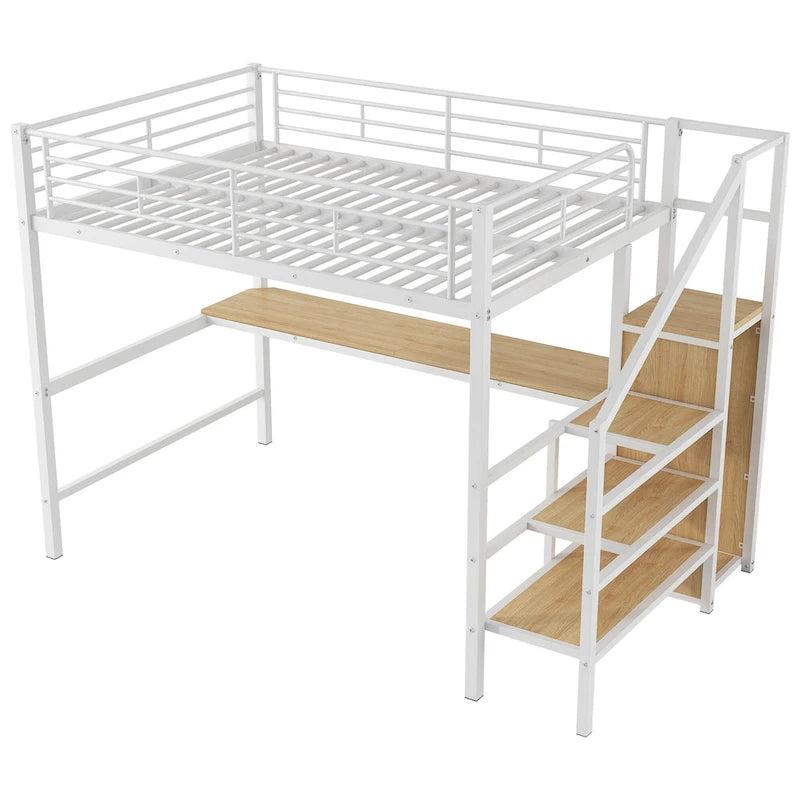 Lit mezzanine pleine grandeur avec bureau, escalier de rangement, petite armoire, lumière LED
