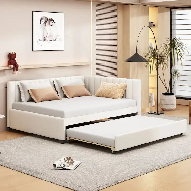 Lit de repos rembourré pleine grandeur avec lit gigogne, aucun sommier tapissier requis, tissu de lin, beige