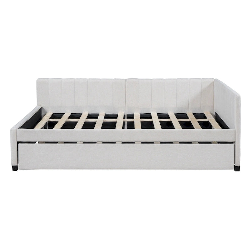 Lit de repos rembourré pleine grandeur avec lit gigogne, aucun sommier tapissier requis, tissu de lin, beige