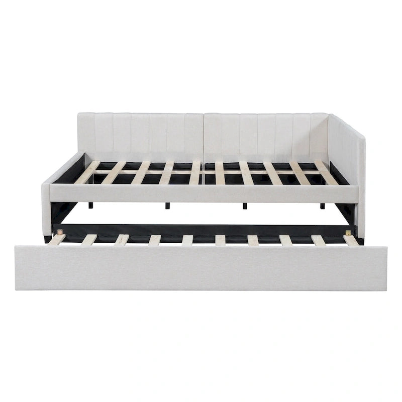 Lit de repos rembourré pleine grandeur avec lit gigogne, aucun sommier tapissier requis, tissu de lin, beige