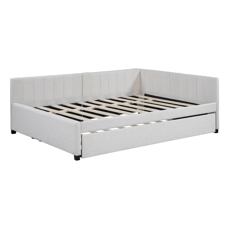 Lit de repos rembourré pleine grandeur avec lit gigogne, aucun sommier tapissier requis, tissu de lin, beige