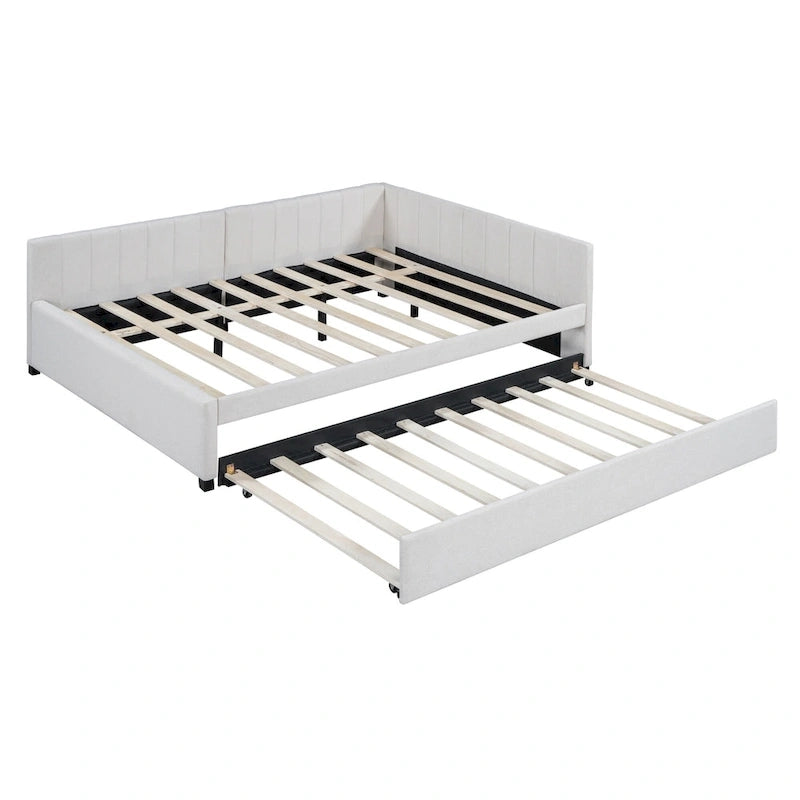 Lit de repos rembourré pleine grandeur avec lit gigogne, aucun sommier tapissier requis, tissu de lin, beige