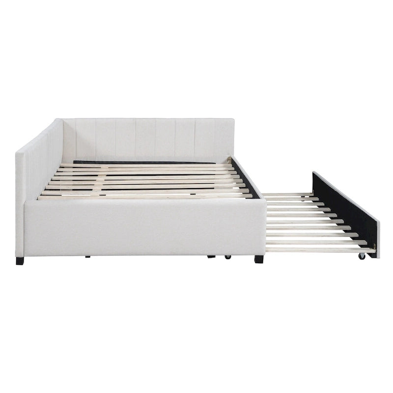 Lit de repos rembourré pleine grandeur avec lit gigogne, aucun sommier tapissier requis, tissu de lin, beige
