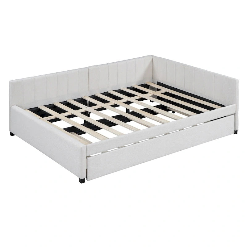Lit de repos rembourré pleine grandeur avec lit gigogne, aucun sommier tapissier requis, tissu de lin, beige