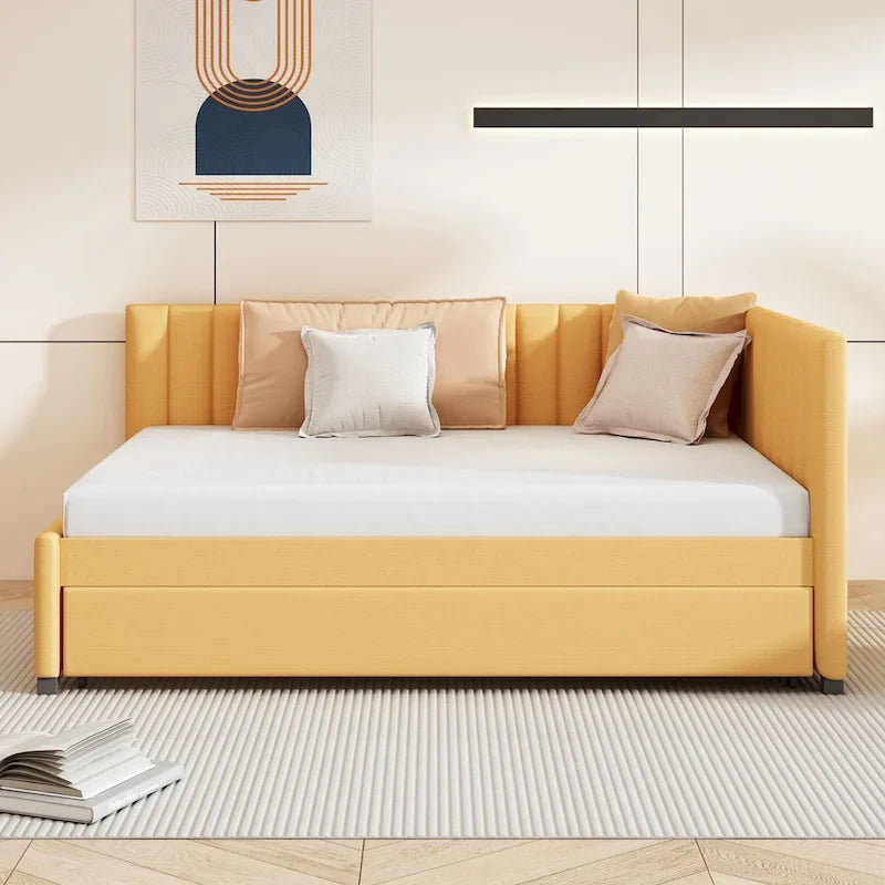 Lit de repos rembourré pleine grandeur avec lit gigogne, aucun sommier tapissier requis, tissu de lin, beige