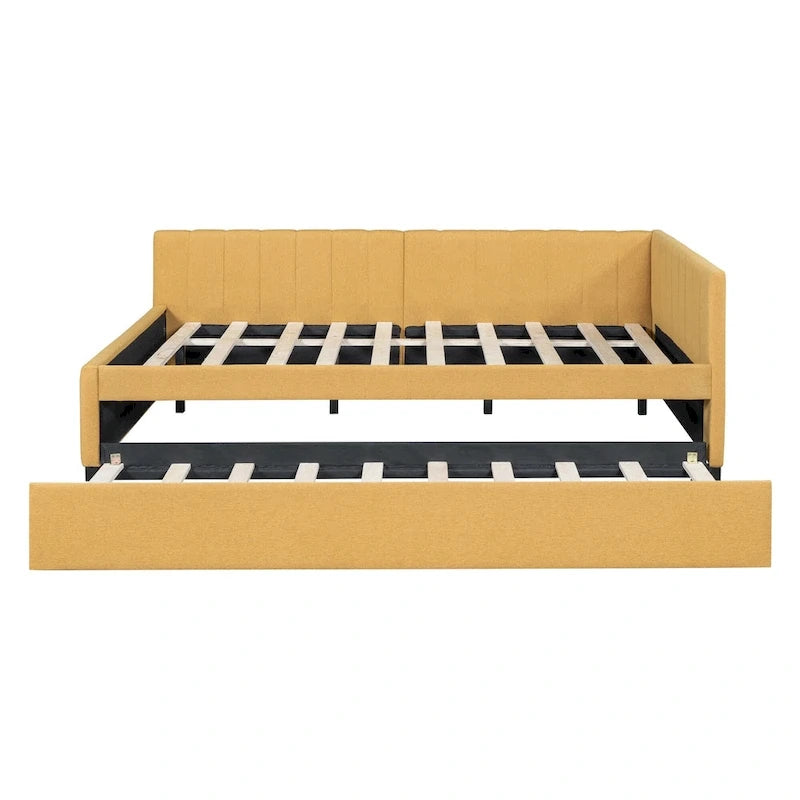 Lit de repos rembourré pleine grandeur avec lit gigogne, aucun sommier tapissier requis, tissu de lin, beige