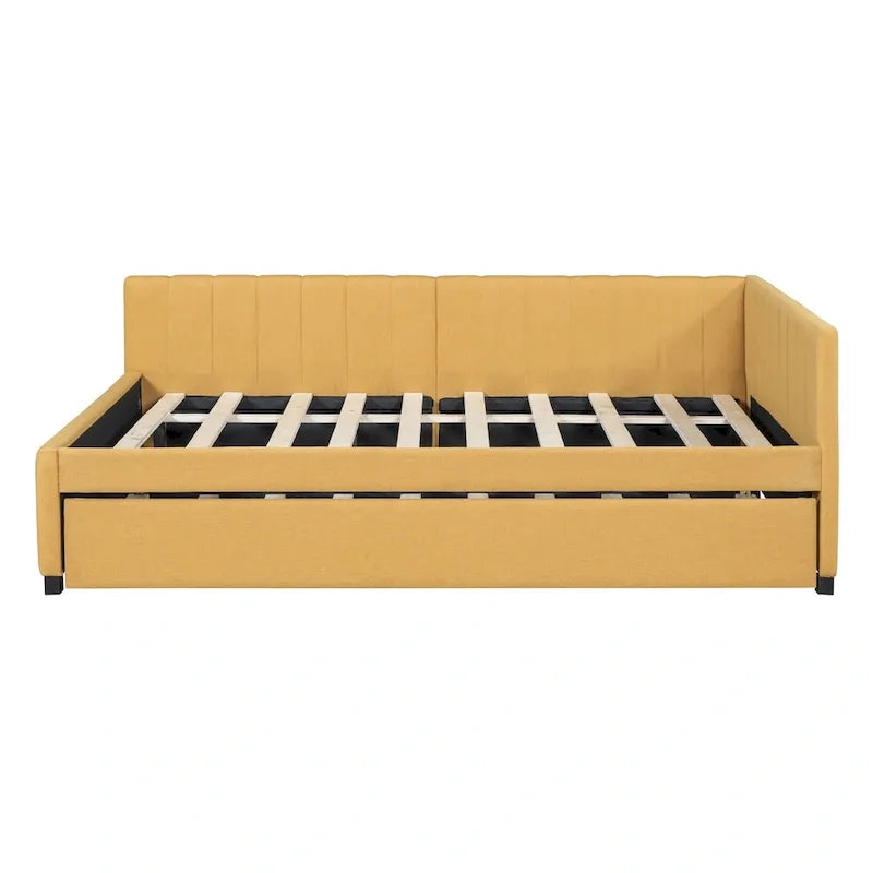Lit de repos rembourré pleine grandeur avec lit gigogne, aucun sommier tapissier requis, tissu de lin, beige