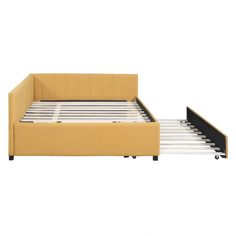 Lit de repos rembourré pleine grandeur avec lit gigogne, aucun sommier tapissier requis, tissu de lin, beige