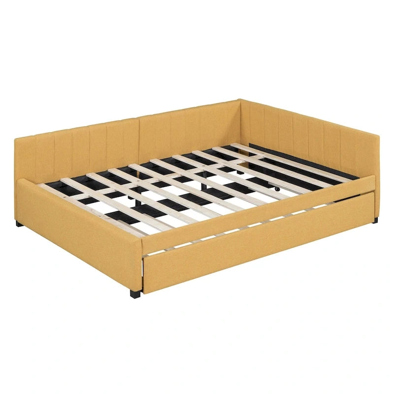 Lit de repos rembourré pleine grandeur avec lit gigogne, aucun sommier tapissier requis, tissu de lin, beige