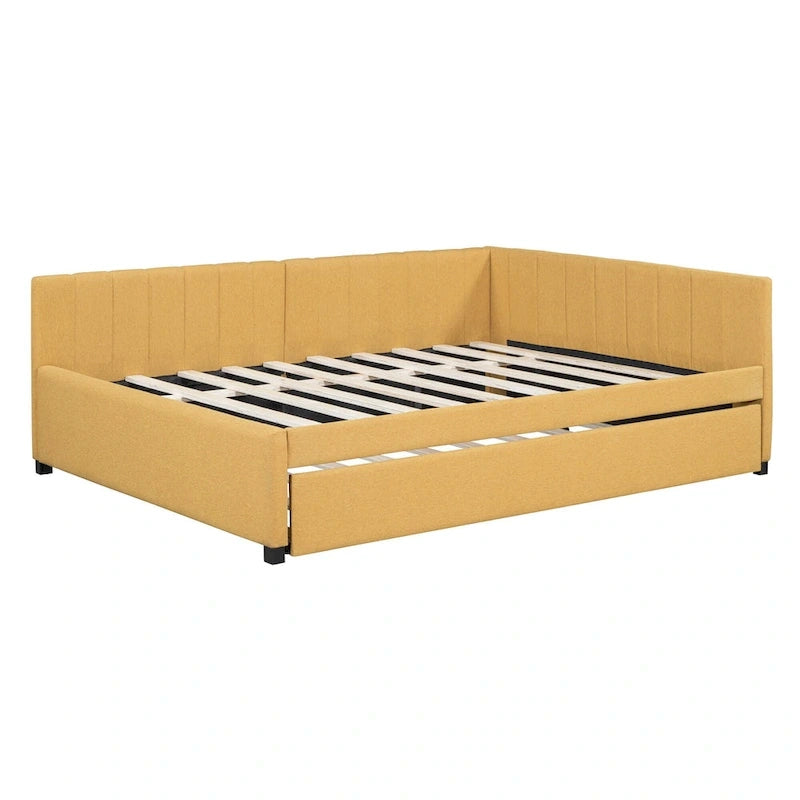 Lit de repos rembourré pleine grandeur avec lit gigogne, aucun sommier tapissier requis, tissu de lin, beige