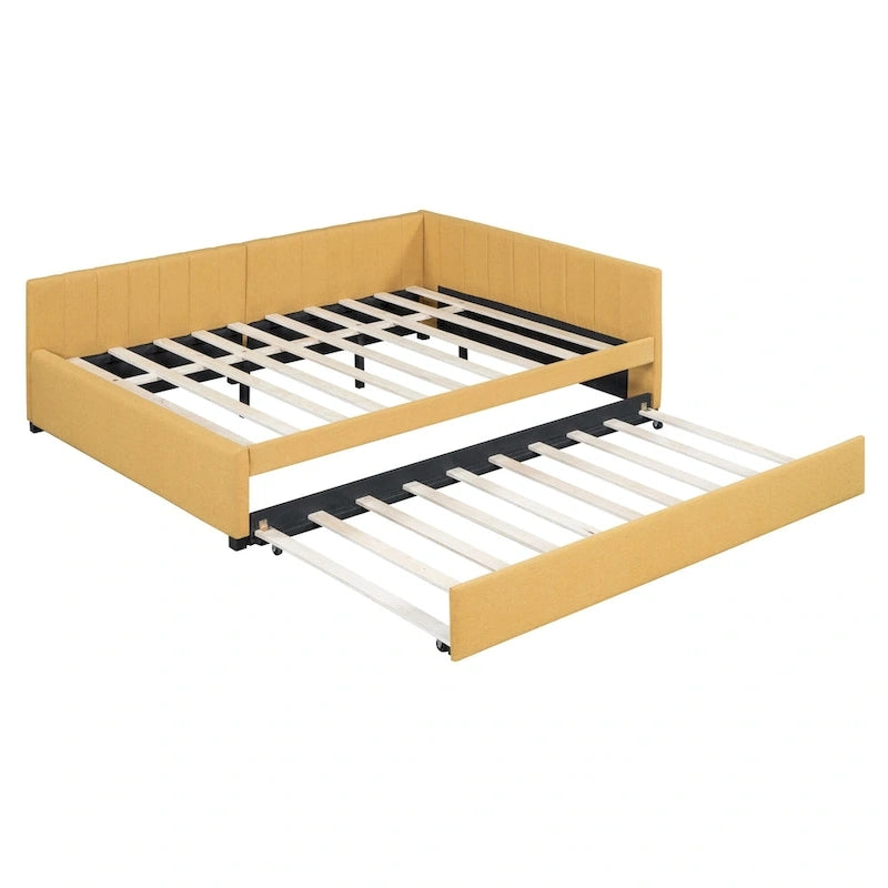 Lit de repos rembourré pleine grandeur avec lit gigogne, aucun sommier tapissier requis, tissu de lin, beige