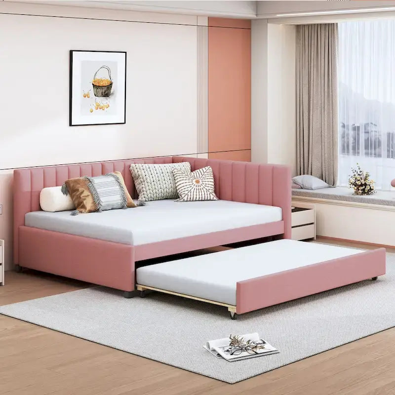 Lit de repos rembourré pleine grandeur avec lit gigogne, aucun sommier tapissier requis, tissu de lin, beige