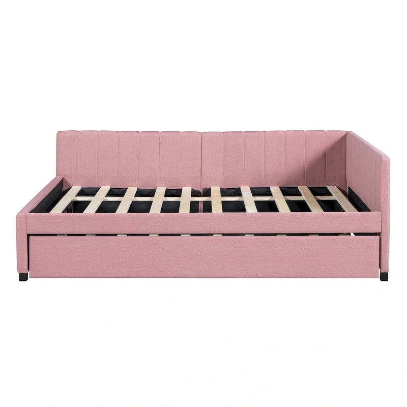 Lit de repos rembourré pleine grandeur avec lit gigogne, aucun sommier tapissier requis, tissu de lin, beige