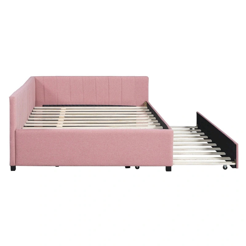 Lit de repos rembourré pleine grandeur avec lit gigogne, aucun sommier tapissier requis, tissu de lin, beige