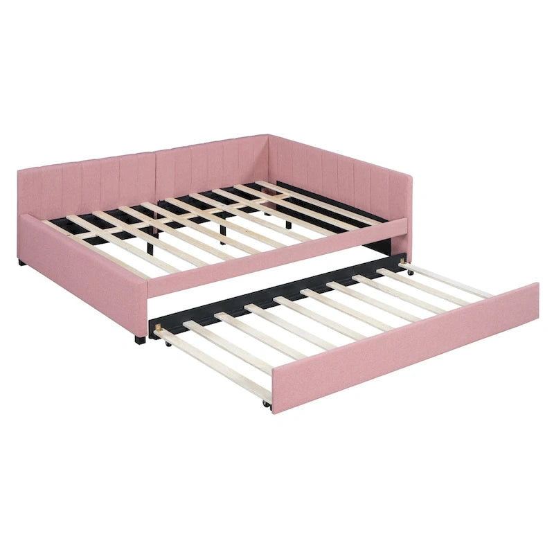 Lit de repos rembourré pleine grandeur avec lit gigogne, aucun sommier tapissier requis, tissu de lin, beige