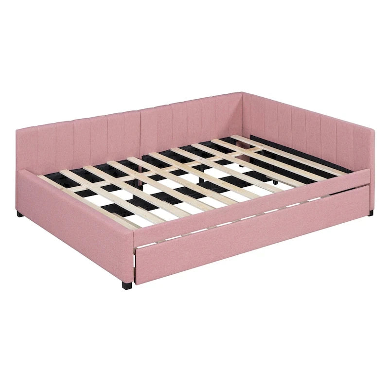 Lit de repos rembourré pleine grandeur avec lit gigogne, aucun sommier tapissier requis, tissu de lin, beige