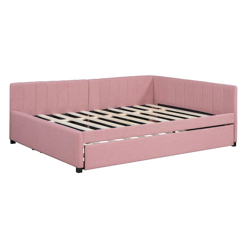 Lit de repos rembourré pleine grandeur avec lit gigogne, aucun sommier tapissier requis, tissu de lin, beige