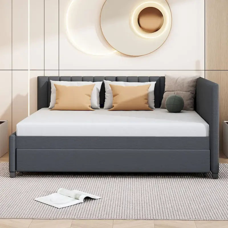 Lit de repos rembourré pleine grandeur avec lit gigogne, aucun sommier tapissier requis, tissu de lin, beige