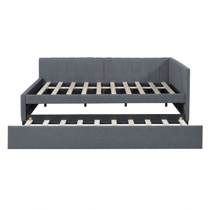 Lit de repos rembourré pleine grandeur avec lit gigogne, aucun sommier tapissier requis, tissu de lin, beige